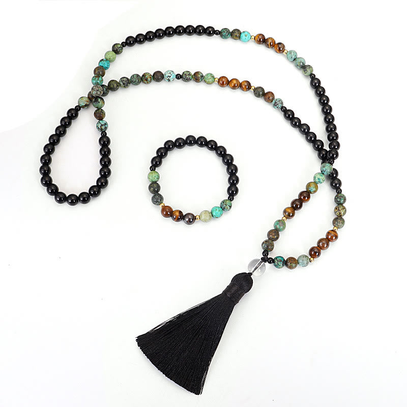 Buddha Stones 108 Mala Beads Pietra naturale Occhio di tigre Turchese Protezione Forza Bracciale Collana