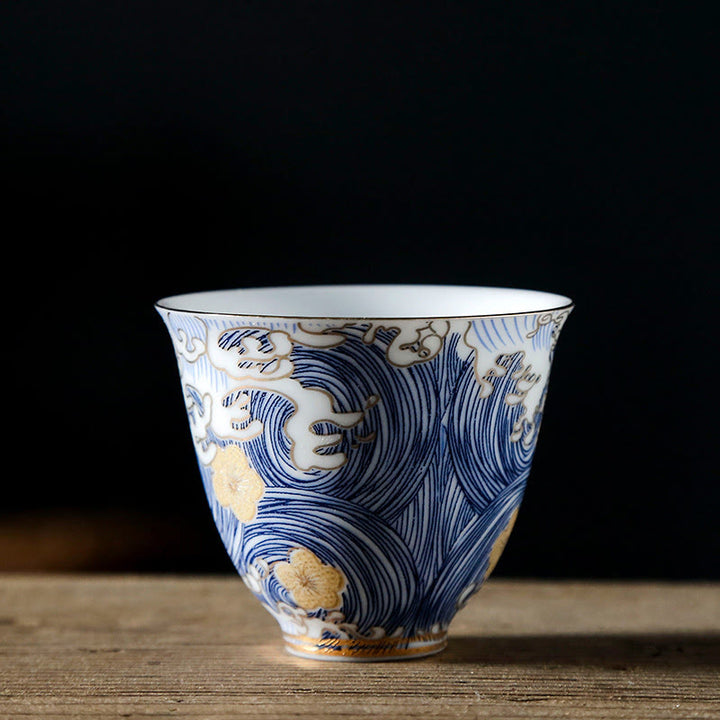 Tazze da tè in ceramica con onde del mare e dell'oceano vintage Buddha Stones
