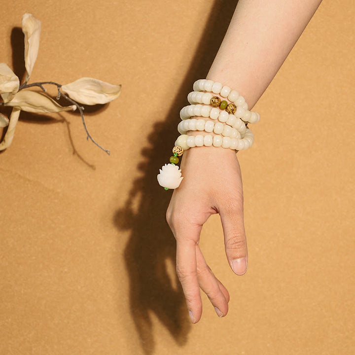 Collana con bracciale in giada bianca Bodhi Lotus Mala Harmony Buddha Stones