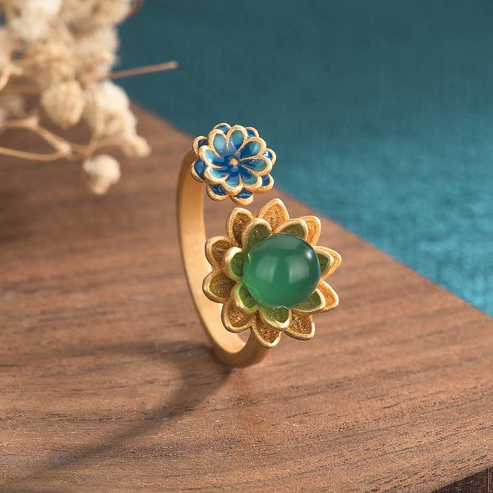 Anello regolabile Buddha Stones Lotus Pattern Jade Abundance
