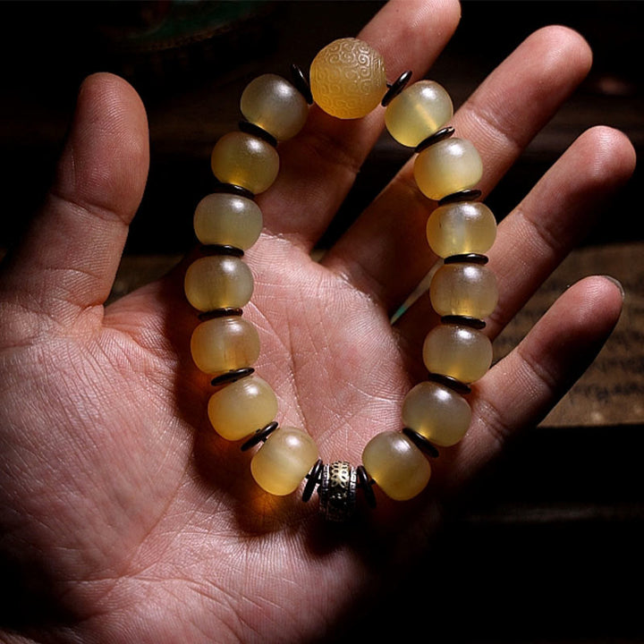 Braccialetto di auspicio Om Mani Padme Hum in corno di pecora tibetano fatto a mano con Buddha Stones
