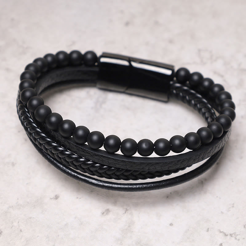 Bracciale in pelle con perline di onice nero e roccia lavica naturale Buddha Stones