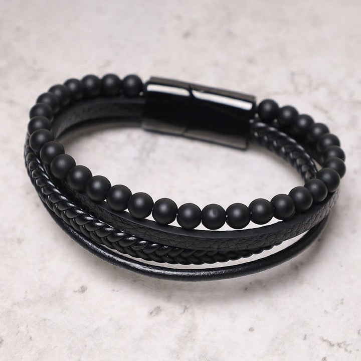 Bracciale in pelle con perline di onice nero e roccia lavica naturale Buddha Stones