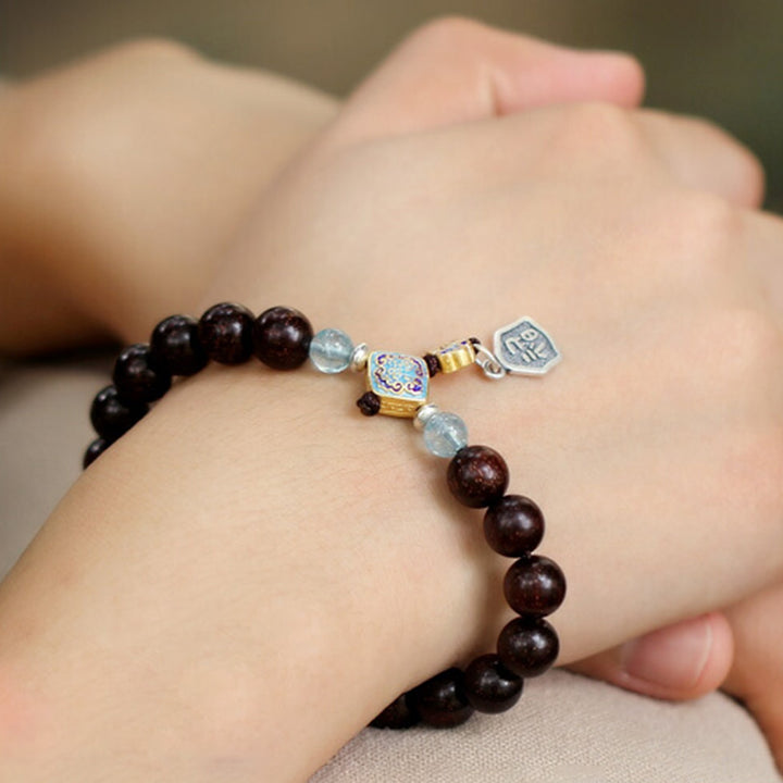 Bracciale Buddha Stones 925 Sterling Silver Indiano Piccola Foglia Sandalo Rosso Acquamarina Pieno di Stella d'Oro Cinese Nodo Benedizione Bracciale