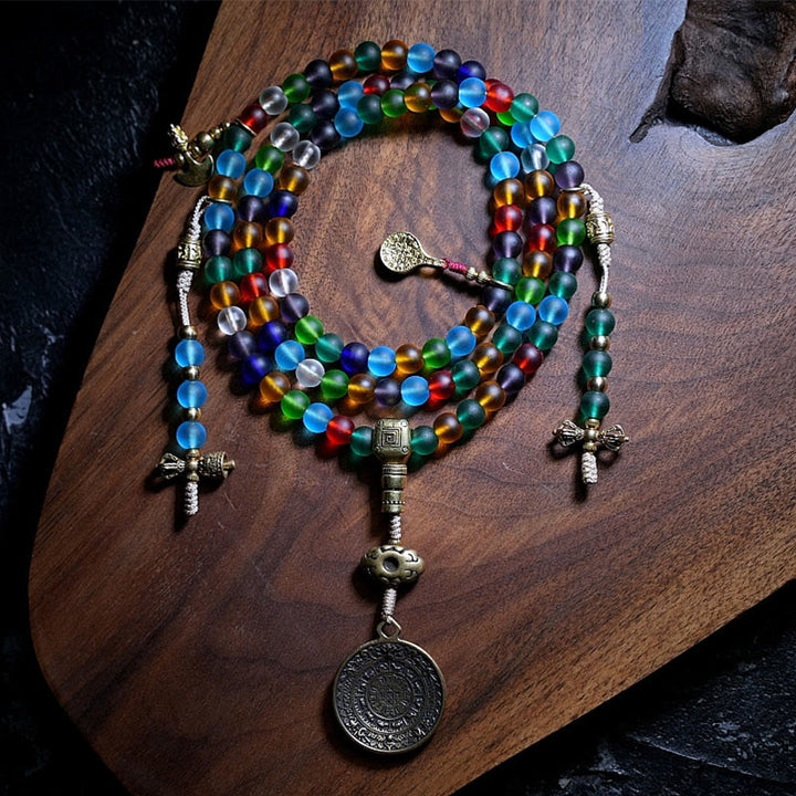 Buddha Stones Tibetano 108 Mala Perline Multicolore Liuli Perline di Vetro Zodiaco Cinese Nove Palazzi Otto Diagrammi Braccialetto con Ciondolo