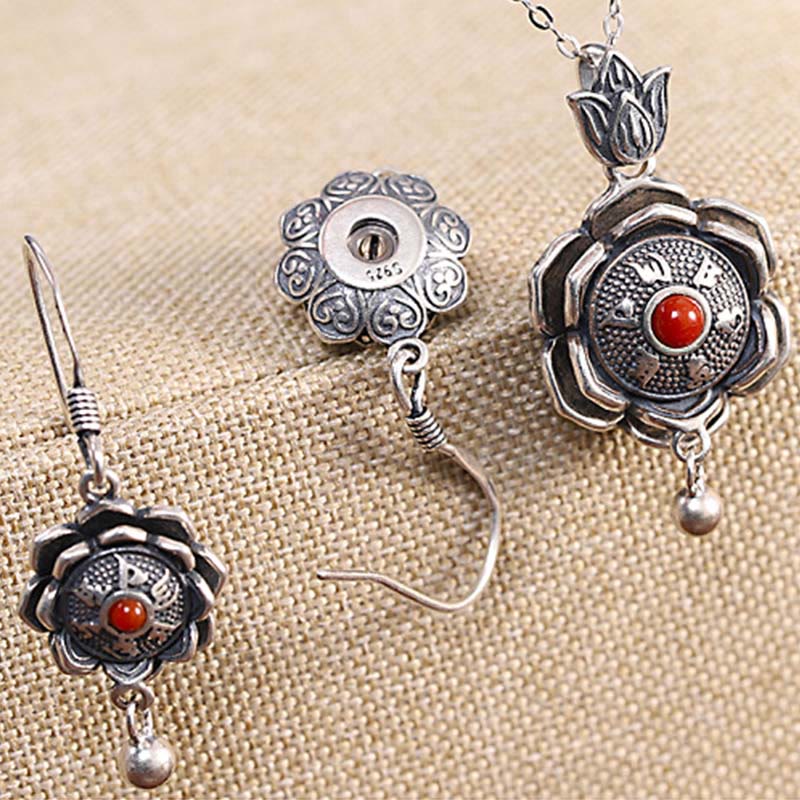 Buddha Stones 925 Sterling Silver Om Mani Padme Hum Lotus Peace Collana Ciondolo Orecchini