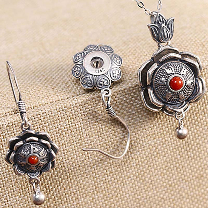 Buddha Stones 925 Sterling Silver Om Mani Padme Hum Lotus Peace Collana Ciondolo Orecchini