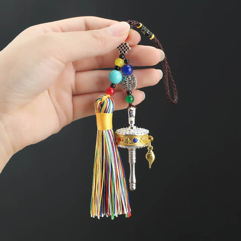 Tibet Om Mani Padme Hum Ruota di preghiera Borsa con nappa Decorazione da appendere all'auto