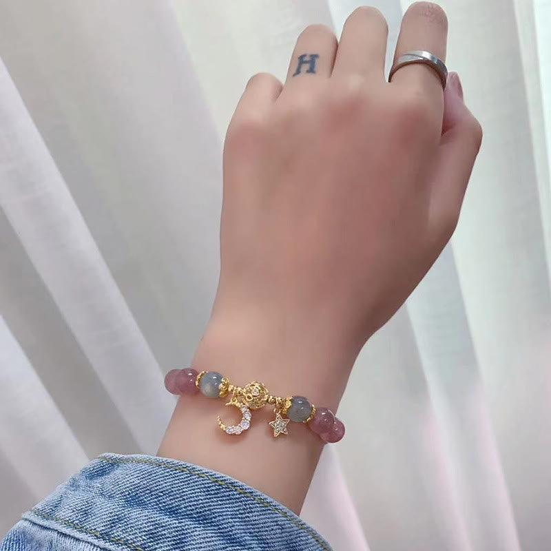 Bracciale Buddha Stones Quarzo fragola Pietra di luna Stella luna Amore