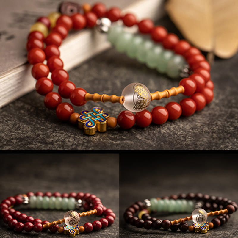 Buddha Stones Zodiaco cinese Buddha natale Agata rossa Piccola foglia Sandalo rosso Cinabro Amuleto Benedizione Bracciale a doppio giro