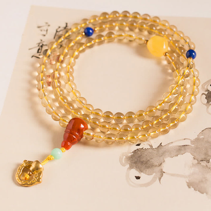 Braccialetto con ciondolo in argento sterling 925, 108 perline Mala, citrino naturale, agata rossa, ambra e piacere