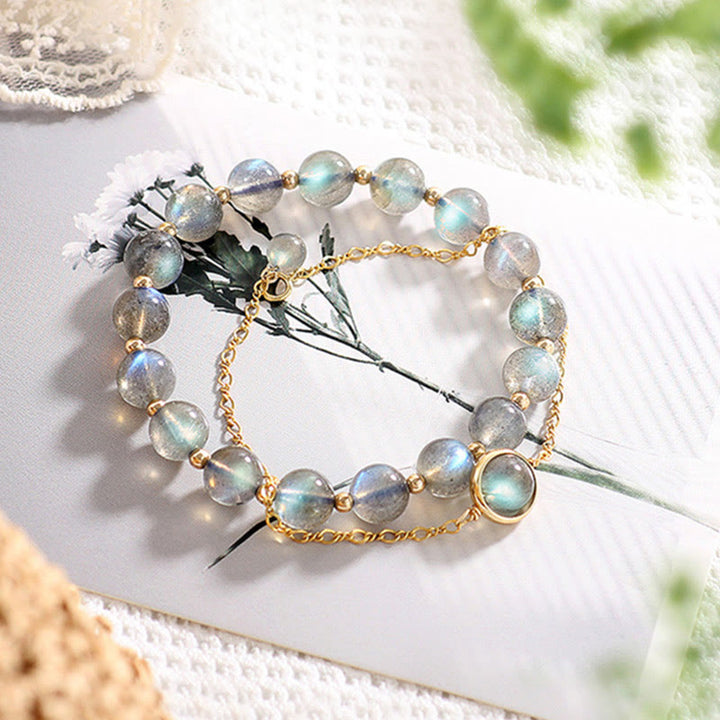 Bracciale Buddha Stones placcato oro 14k con pietra di luna naturale e guarigione dell'amore