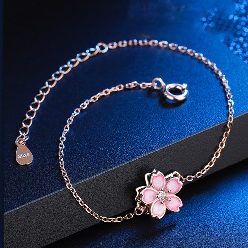 Bracciale a catena con benedizione in fiore di ciliegio in argento sterling 925 Buddha Stones, anello girevole - image 1