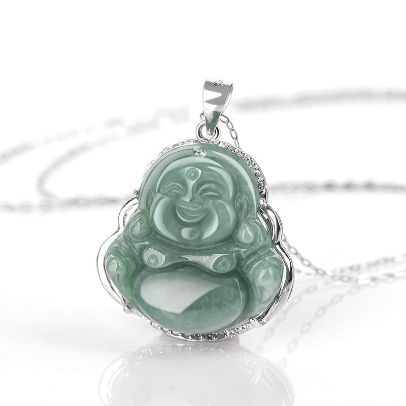 Collana con ciondolo a Buddha Stones in argento sterling 925 con Buddha che ride e giada, abbondanza - image 4