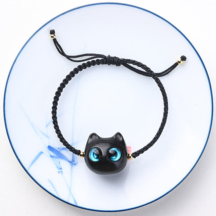 Braccialetto intrecciato con testa di gatto, piccola foglia, sandalo rosso, ebano, protezione calma, Buddha Stones - image 12