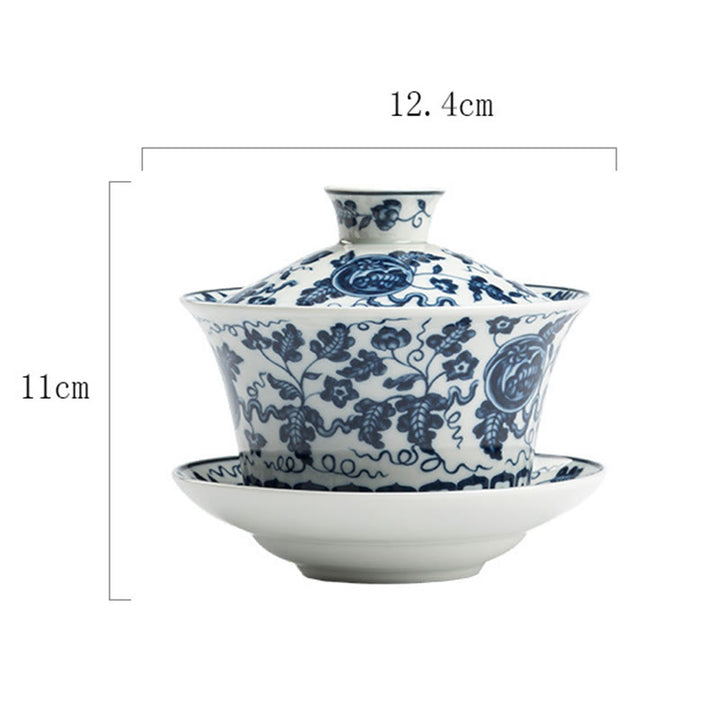 Buddha Stones Blu e Bianco Porcellana Loto Koi Pesce Danza del Leone Anguria Ceramica Gaiwan Sancai Tazza da Tè Kung Fu Tazza da Tè e Piattino con Coperchio 300ml