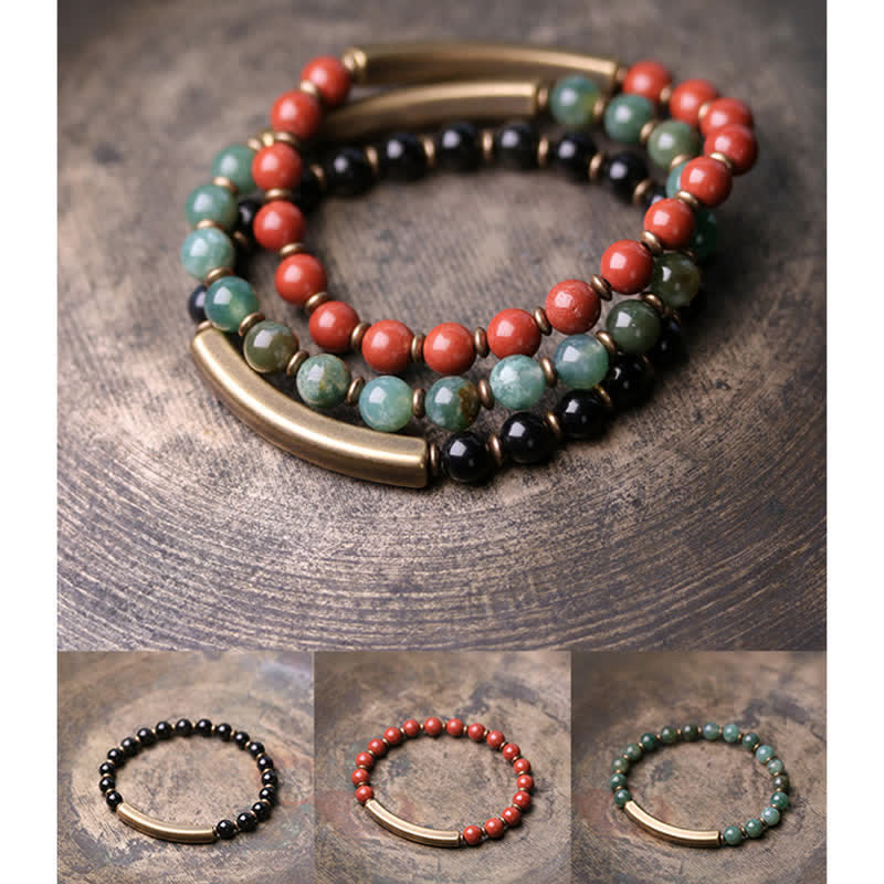 Braccialetto di coppia della pace in cristallo di rame, diaspro rosso, agata muschiata, ossidiana nera e Buddha Stones