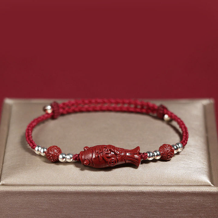 Bracciale intrecciato con moneta di rame, pesce koi, cinabro, Fu, argento sterling 925 , Buddha Stones