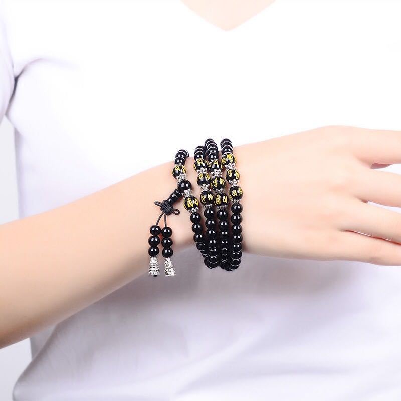 Bracciale Mala di protezione con sei vere parole in ossidiana nera Buddha Stones