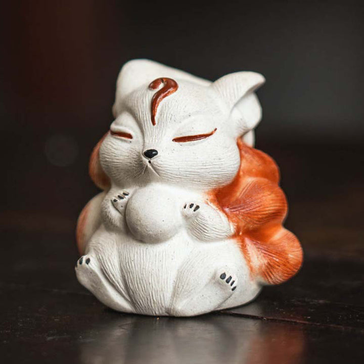 Decorazione da scrivania in argilla viola Buddha Stones e volpe a nove code