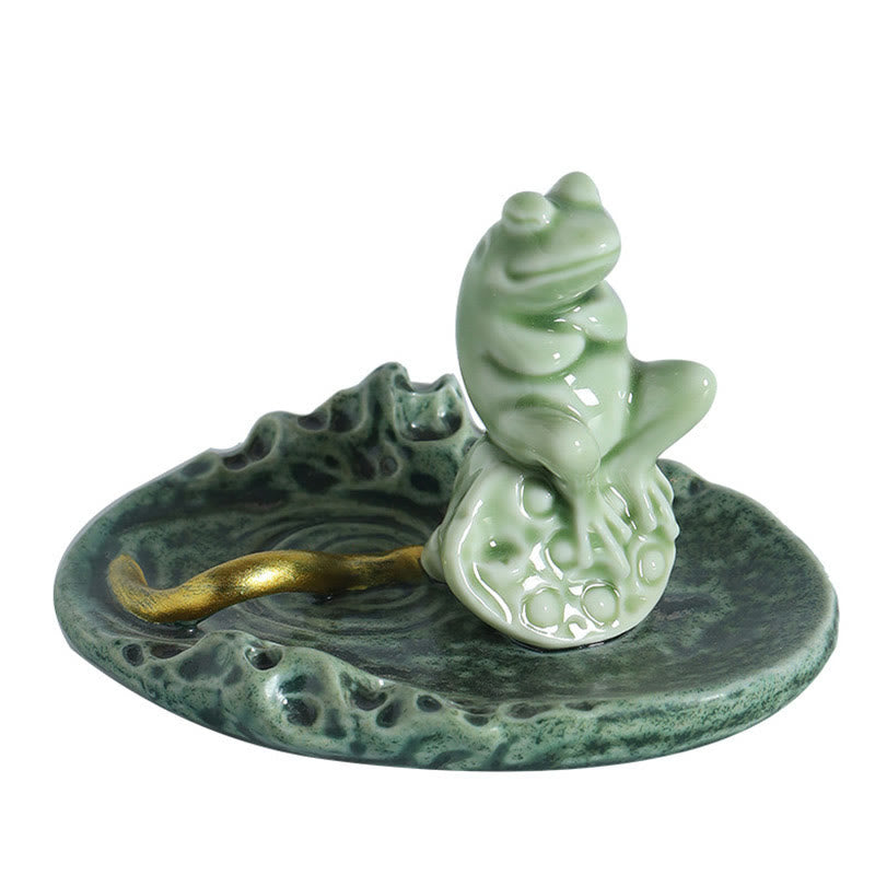 Buddha Stones Foglia Meditazione Rana Modello Guarigione Ceramica Bruciatore Incenso Decorazione