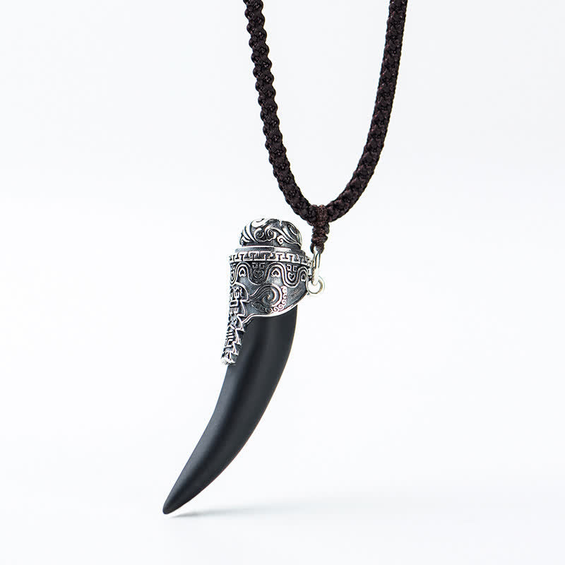Collana con ciondolo in argento sterling 925 con motivo a denti di lupo e ossidiana nera e forza