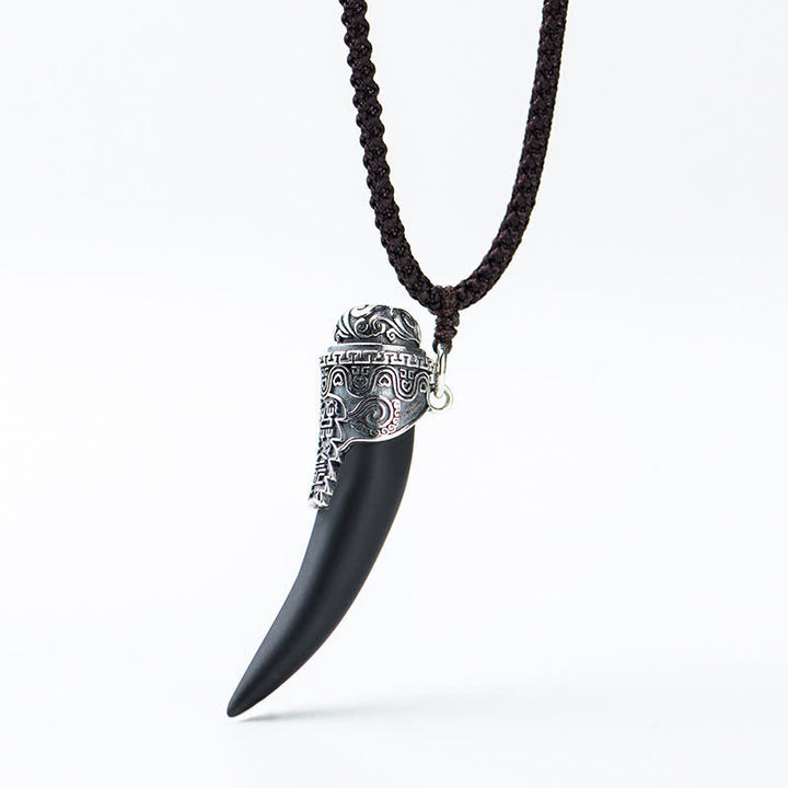 Collana con ciondolo in argento sterling 925 con motivo a denti di lupo e ossidiana nera e forza