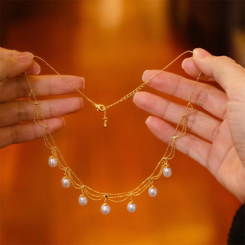 Collana con ciondolo multistrato di perle curative placcate in oro 14K vintage