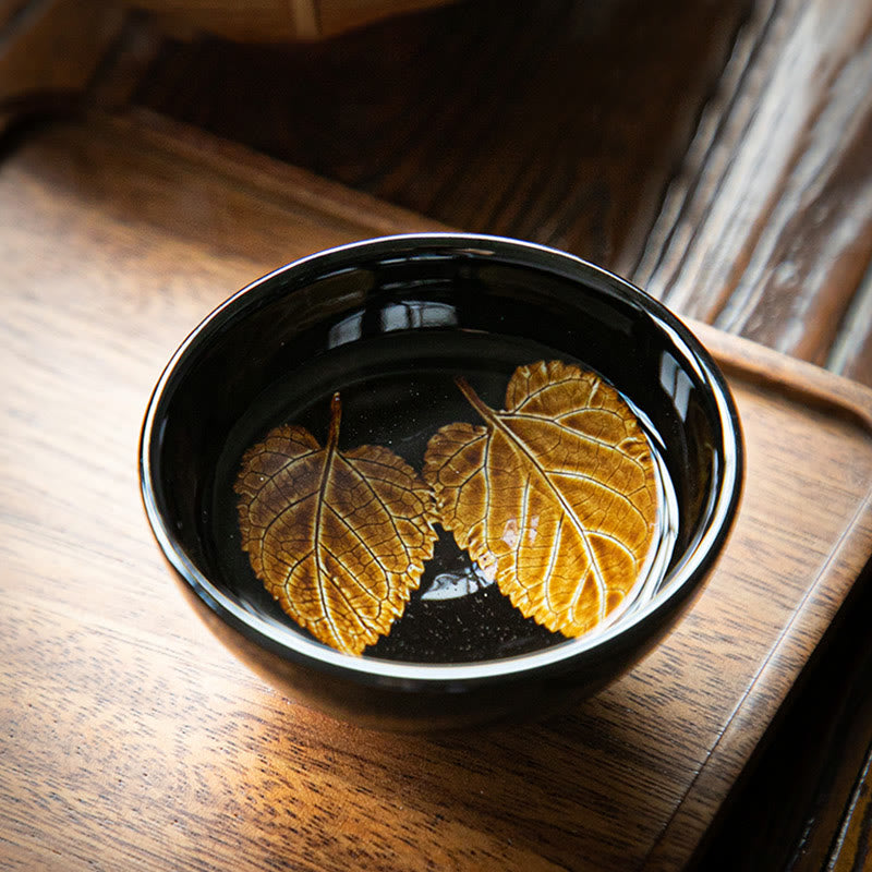 Buddha Stones Foglia d'acero dorata Tazza da tè cinese Jianzhan in ceramica Tazza da tè Tenmoku Kung Fu