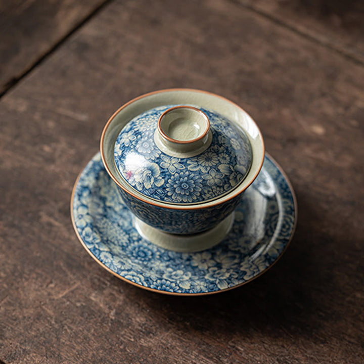 Buddha Stones Vintage Blu e Bianco Porcellana Fiore di Pesco Loto Peonia Ceramica Gaiwan Sancai Tazza da Tè Kung Fu Tazza da Tè e Piattino con Coperchio - image 4
