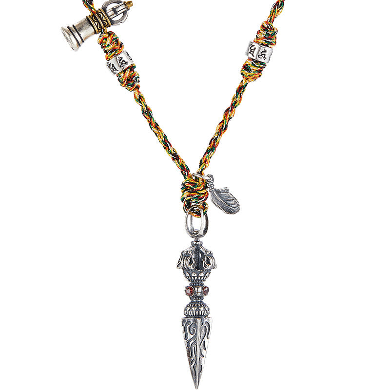 Buddha Stones Tibetano Fatto a Mano 925 Sterling Silver Dorje Vajra Om Mani Padme Hum Piuma Forza Collana Pendente - image 13