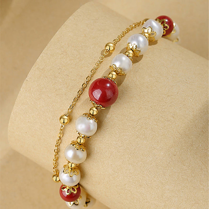Bracciale a catena a doppio strato con perle di cinabro e argento sterling 925 Buddha Stones