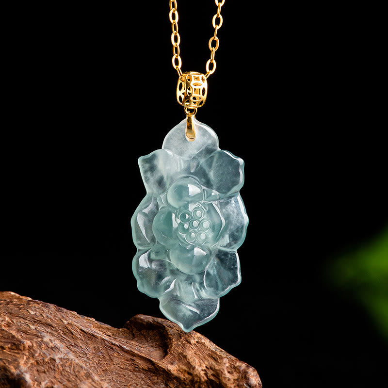 Collana con ciondolo della prosperità con motivo a loto in giada naturale in oro 18 carati Buddha Stones - Giada (Prosperità♥Abbondanza) - image 1