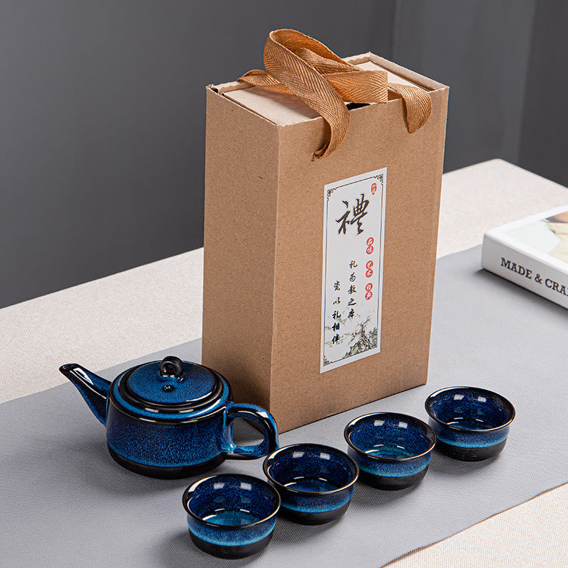 Buddha Stones Blu Gradiente Colore Cinese Gongfu Tè Teiera in Ceramica Portatile Sacchetto Regalo Scatola Set - 1 teiera con scatola per 4 tazze - image 7