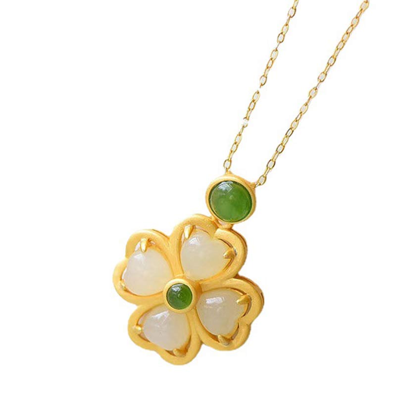 Collana con ciondolo a forma di quadrifoglio fortunato in argento sterling 925 Buddha Stones, giada e prosperità