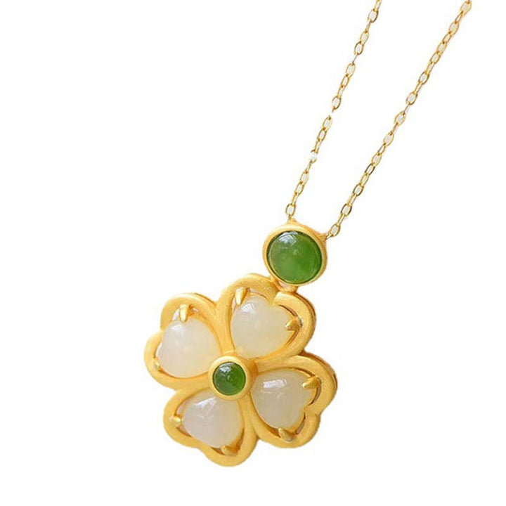 Collana con ciondolo a forma di quadrifoglio fortunato in argento sterling 925 Buddha Stones, giada e prosperità
