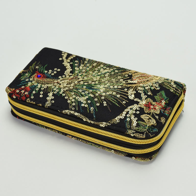 Portafoglio porta contanti con ricamo bifacciale Buddha Stones Peacock Shopping Purse