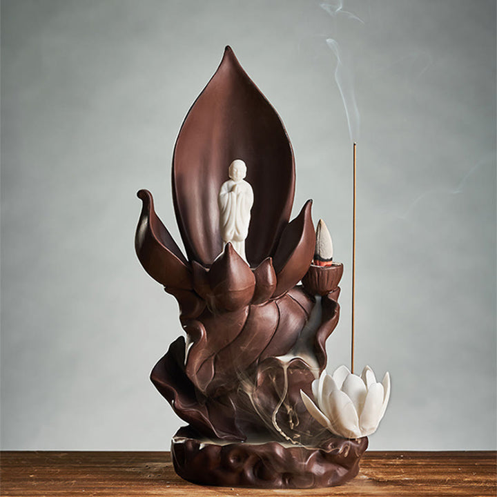 Buddha Stones Buddha di loto Avalokitesvara Illuminazione Bruciatore di incenso in argilla viola Decorazione
