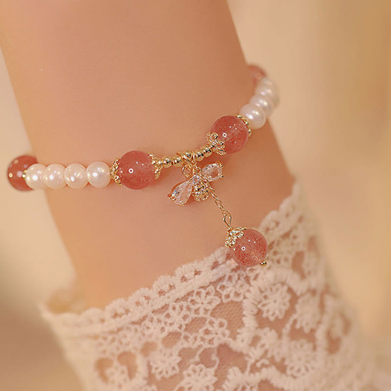 Braccialetto con ciondolo ape carino con perle naturali e quarzo fragola Buddha Stones