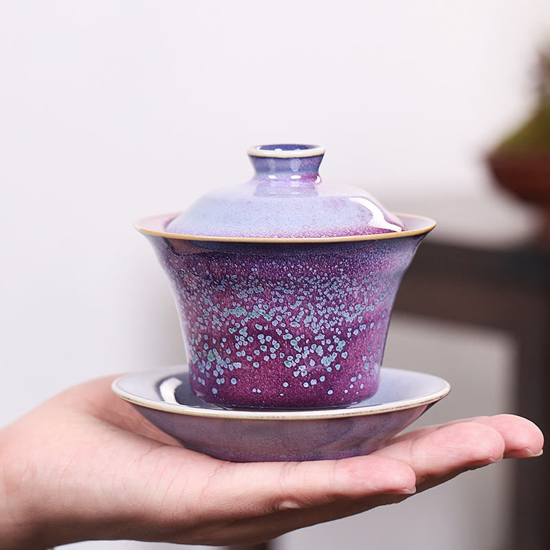 Buddha Stones Retro Glaze Kiln Change Ceramica Gaiwan Sancai Tazza da tè Kung Fu Tazza da tè e piattino con coperchio