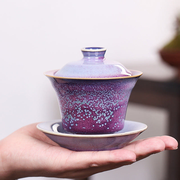 Buddha Stones Retro Glaze Kiln Change Ceramica Gaiwan Sancai Tazza da tè Kung Fu Tazza da tè e piattino con coperchio