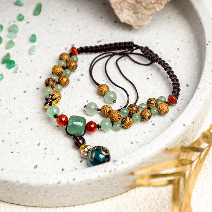 Buddha Stones Wenge Wood Aventurina verde Cavigliera di protezione dell'equilibrio