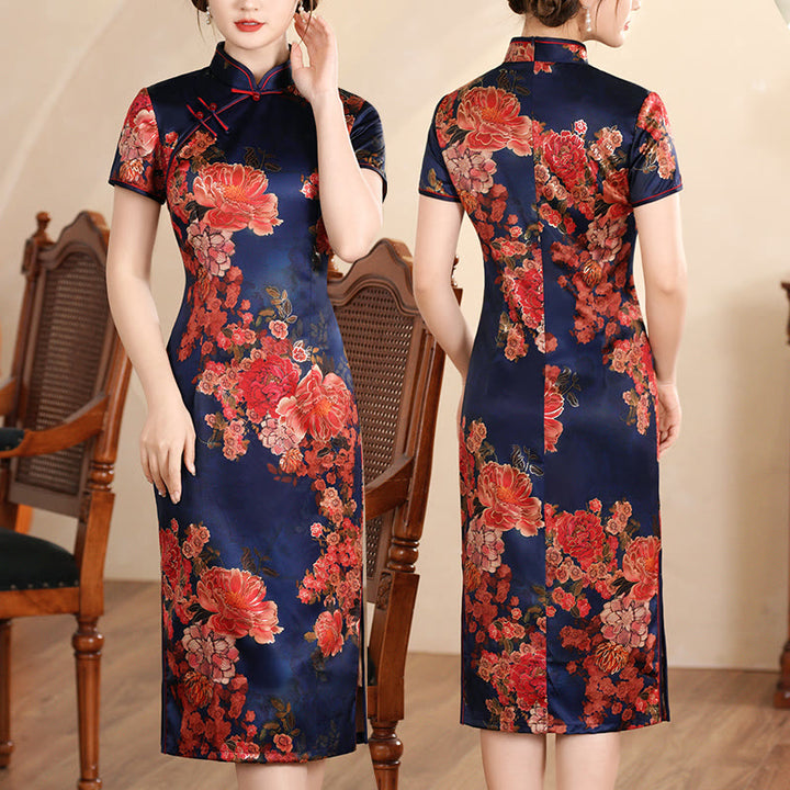 Abito da donna in cheongsam con stampa di piume di peonia e fiori di loto retrò Buddha Stones