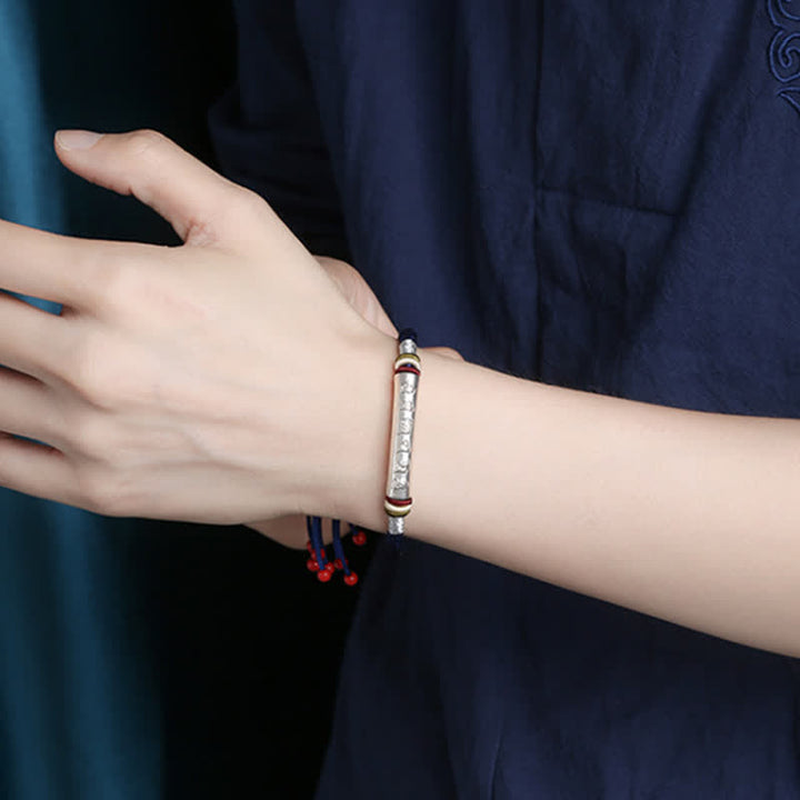 Braccialetto di corda di protezione e forza Om Mani Padme Hum in argento sterling 999 Buddha Stones