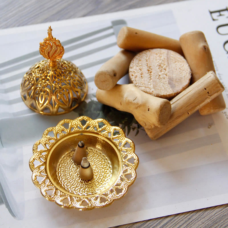 Mini bruciatore di incenso curativo in lega d'oro con sottobicchiere in legno, decorazione per la casa