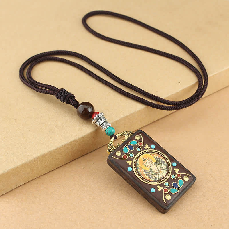 Buddha Stones Tibet Dio della Ricchezza Thangka Ebano Collana Pendente della Pace