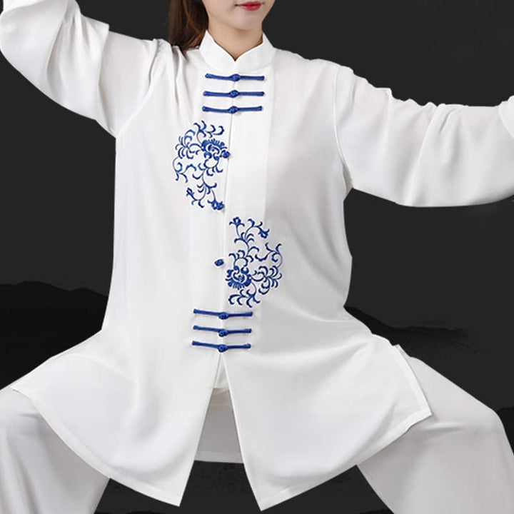Buddha Stones Fiore Ricamo Meditazione Preghiera Spirituale Zen Tai Chi Qigong Pratica Set di Abbigliamento Unisex