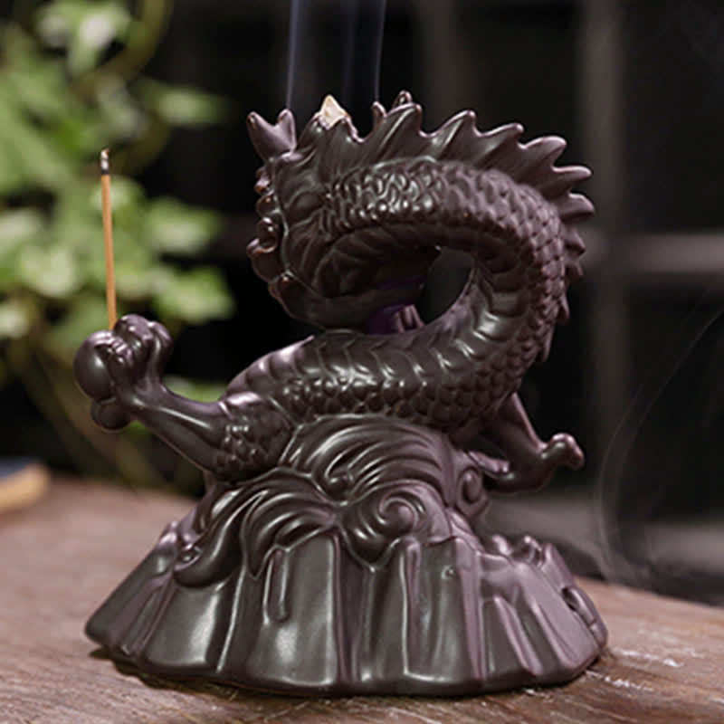 Buddha Stones Drago di buon auspicio Fontana di fumo a riflusso in ceramica Bruciatore di incenso di guarigione Meditazione Decorazione a sfera a LED