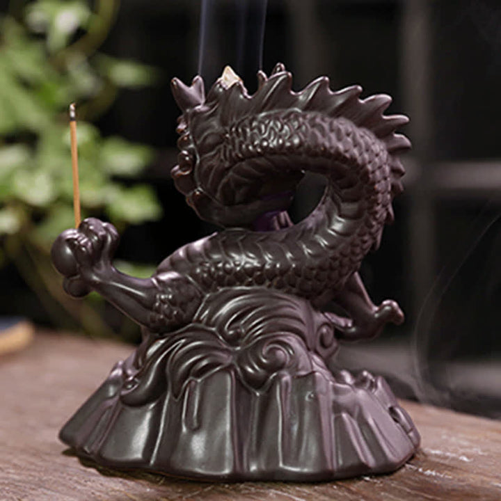 Buddha Stones Drago di buon auspicio Fontana di fumo a riflusso in ceramica Bruciatore di incenso di guarigione Meditazione Decorazione a sfera a LED