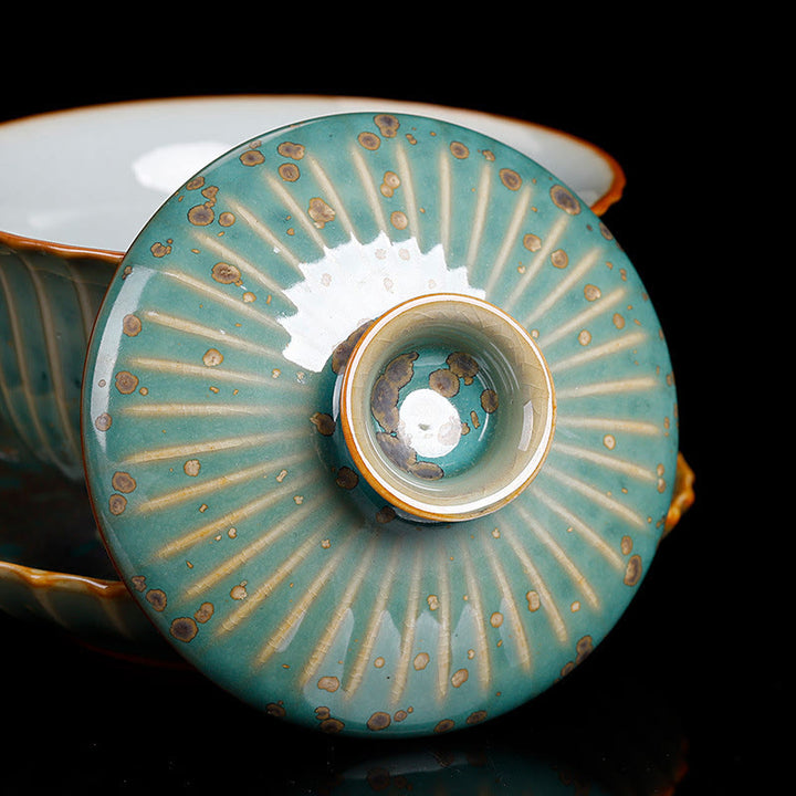 Buddha Stones Retro Glaze Kiln Change Ceramica Gaiwan Sancai Tazza da tè Kung Fu Tazza da tè e piattino con coperchio - image 10